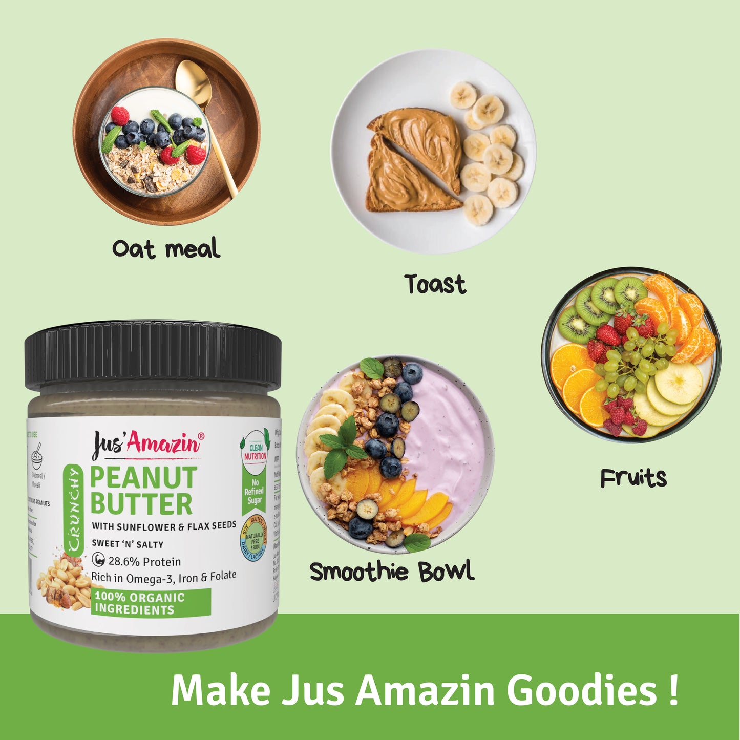 Jus Amazin Crunchy Organic Peanut Butter – With Flax and Sunflower Seeds (200g)