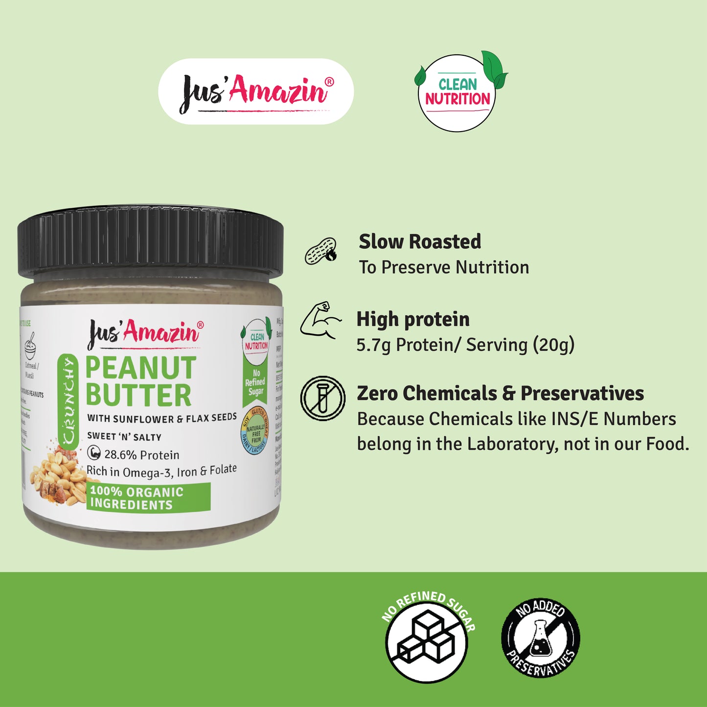 Jus Amazin Crunchy Organic Peanut Butter – With Flax and Sunflower Seeds (200g)