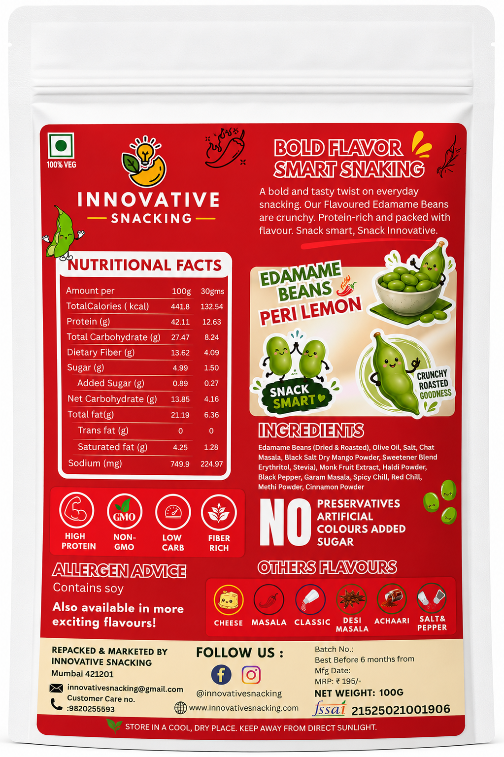 Innovative Snacking Roasted Edamame Beans Peri Peri Lemon Flavour | High Protein Plant-Based Snack | Roasted Not Fried | 100g