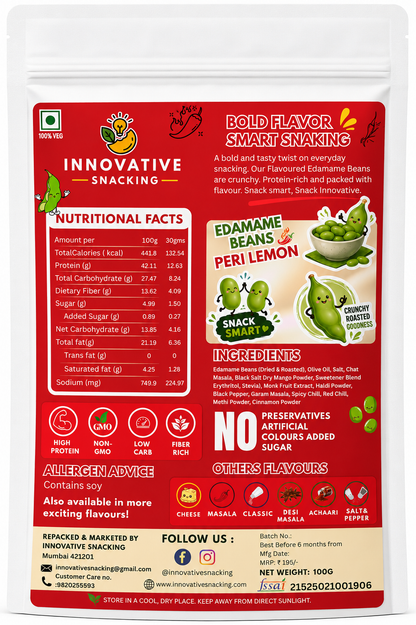 Innovative Snacking Roasted Edamame Beans Peri Peri Lemon Flavour | High Protein Plant-Based Snack | Roasted Not Fried | 100g