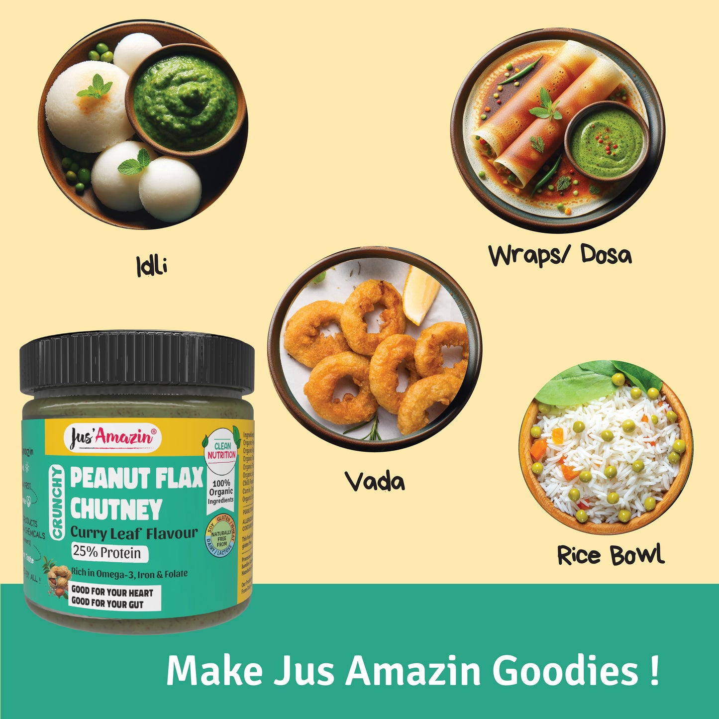 Jus Amazin Crunchy Organic Peanut Flax Chutney - Curry  Leaf Flavor (200g)