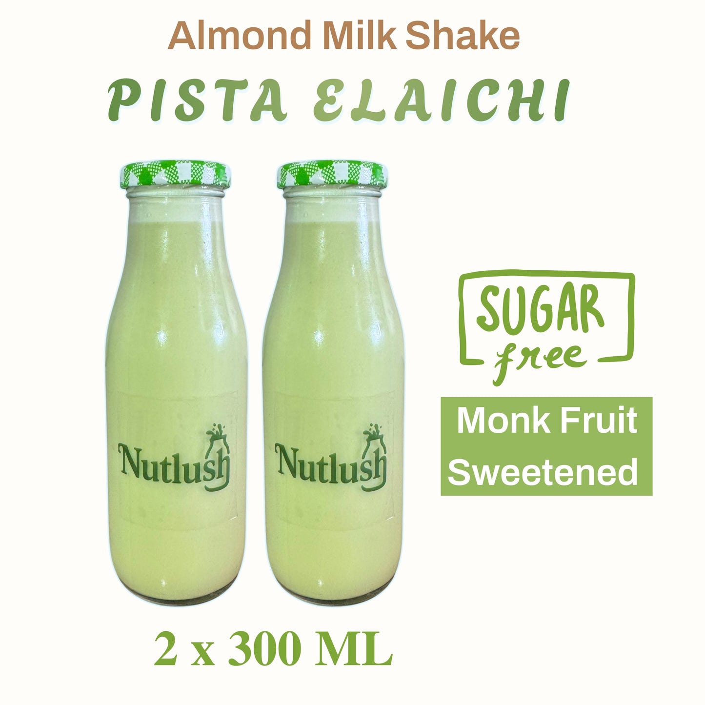 Nutlush Pista Elaichi Milkshake, Sugar Free | Regular (Made with Almond Milk), Pack of 2 × 300ml
