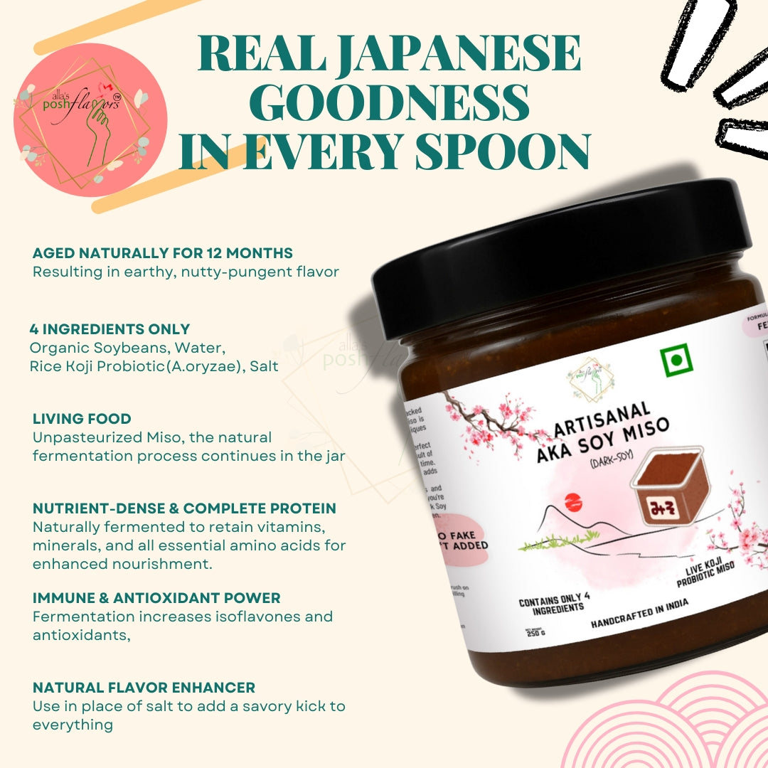 Alla's Posh Flavors Authentic Japanese Miso Paste | Formulated & Made under Japanese Guidance In India | No Preservatives | 100% Natural (Aka Miso, 250 Grams)