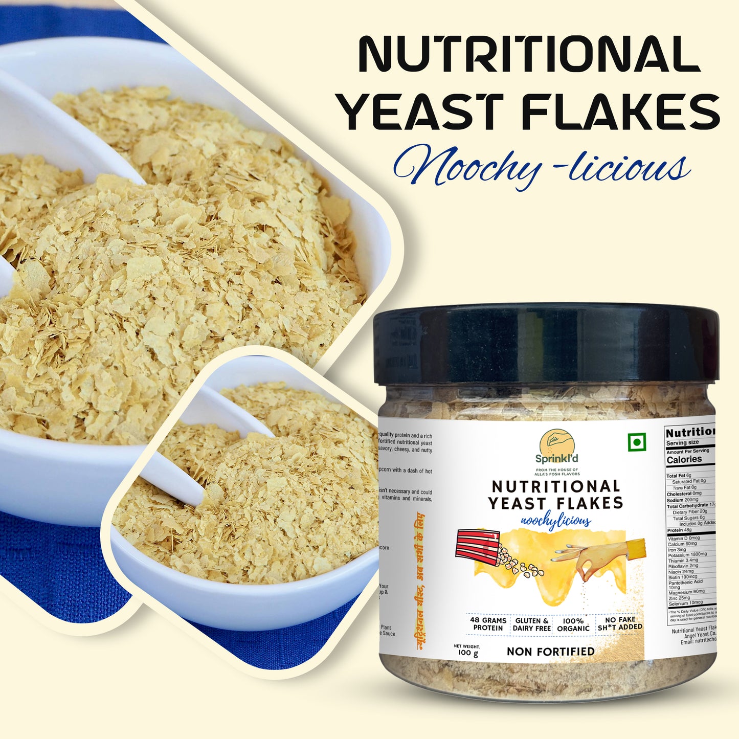 Sprinkl'd by Alla's Posh Flavors Unfortified Nutritional Yeast Flakes Gluten-Free, Cheesy and Savory Non-Fortified Nooch | Rich in B Vitamins Minerals and Protein | Plant-based Superfood
