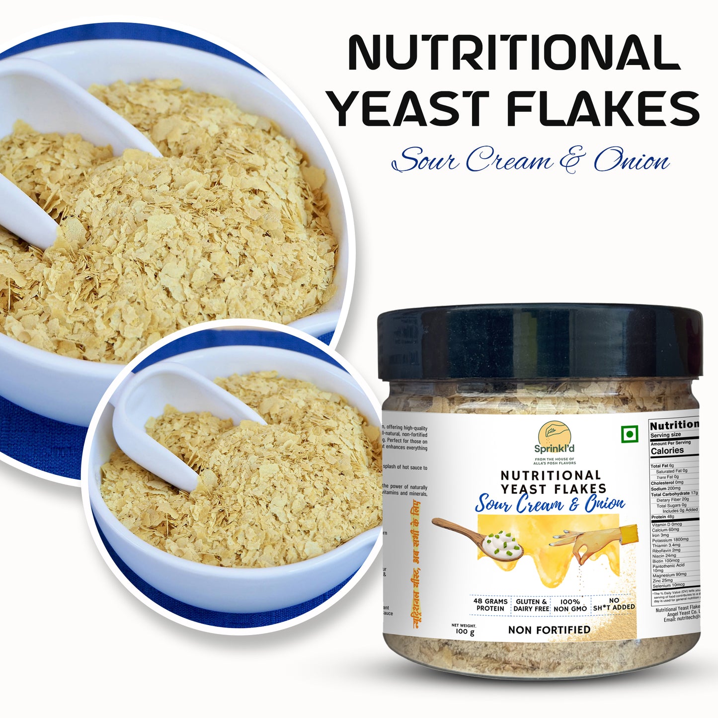 Sprinkl'd by Alla's Posh Flavors Dairy-Free Sour Cream & Onion Nutritional Yeast Flakes, Non-Fortified, Gluten-Free, Cheesy and Savory Nooch | Rich in B Vitamins Minerals and Protein | Plant-based Superfood, 100 Grams