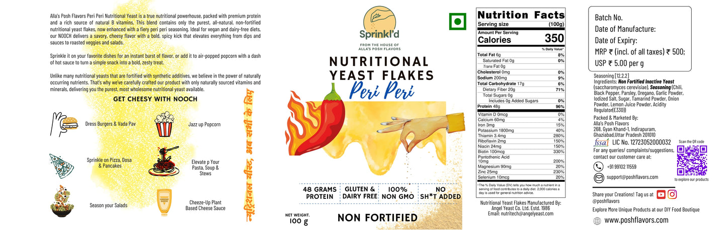 Sprinkl'd by Alla's Posh Flavors PERI PERI Unfortified Nutritional Yeast Flakes Gluten-Free, Cheesy and Savory Non-Fortified Nooch | Rich in B Vitamins Minerals and Protein | Plant-based Superfood, 100 Grams