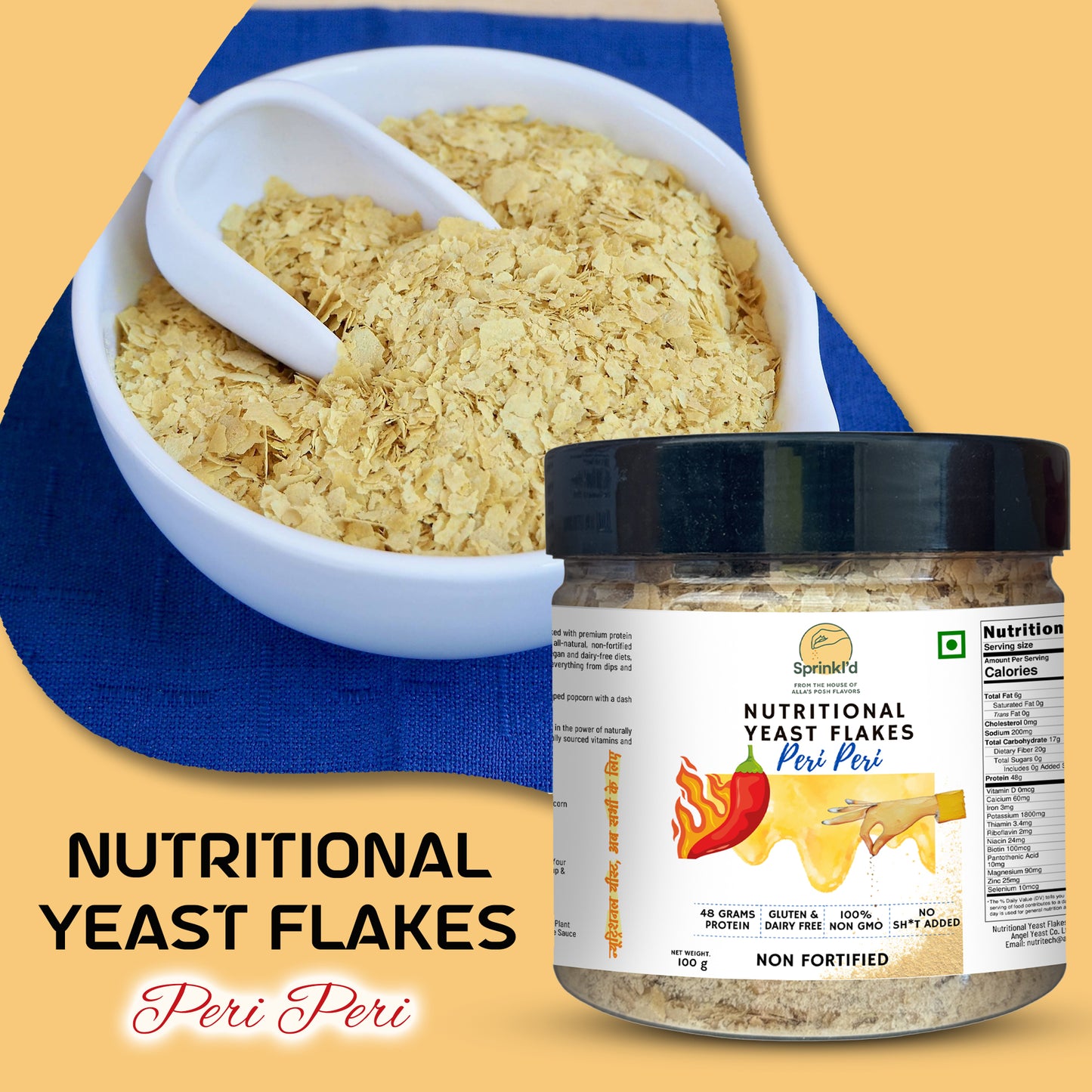 Sprinkl'd by Alla's Posh Flavors PERI PERI Unfortified Nutritional Yeast Flakes Gluten-Free, Cheesy and Savory Non-Fortified Nooch | Rich in B Vitamins Minerals and Protein | Plant-based Superfood, 100 Grams