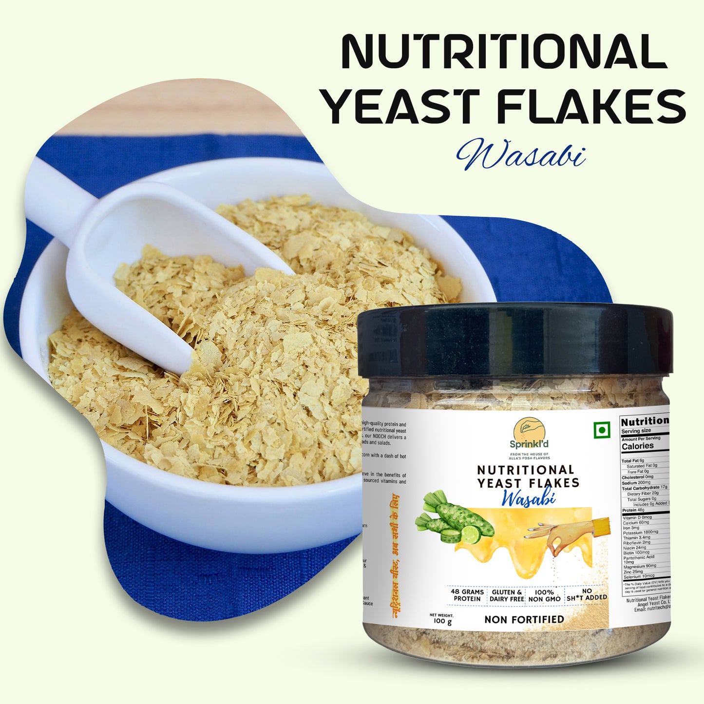 Alla's Posh Flavors WASABI Nutritional Yeast Flakes, Unfortified, Gluten-Free, Cheesy and Savory Non-Fortified Nooch | Rich in B Vitamins Minerals and Protein | Plant-based Superfood, 100 Grams