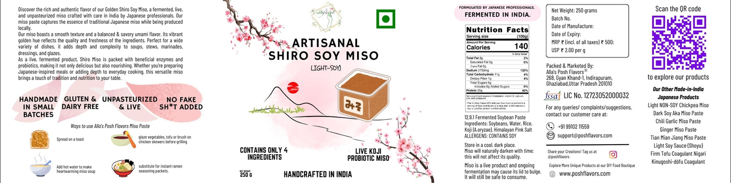 Alla's Posh Flavors Light Soy Miso Paste – Authentic Japanese Recipe | Handcrafted in India Under Japanese Miso Master | 100% Natural, Unpasteurized & Rich in Live Koji Probiotics (250 grams Jar)