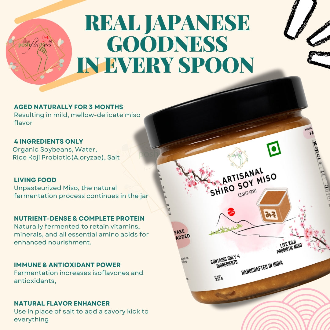 Alla's Posh Flavors Light Soy Miso Paste – Authentic Japanese Recipe | Handcrafted in India Under Japanese Miso Master | 100% Natural, Unpasteurized & Rich in Live Koji Probiotics (250 grams Jar)