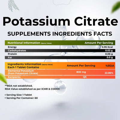 Health Veda Organics Potassium Citrate, 800 mg I 60 Veg Tablets I Support Nerve, Muscle, Joint & Bone Health I Helps Manage Electrolytes | For both Men & Women