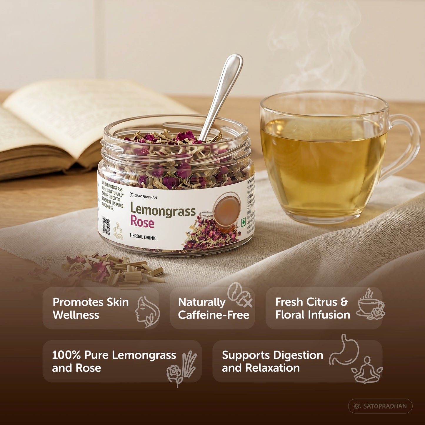 Lemongrass & Rose Herbal Infusion for Digestion, Relaxation & Skin Health - Caffeine-Free Loose Leaf Floral & Citrus Blend – 25g