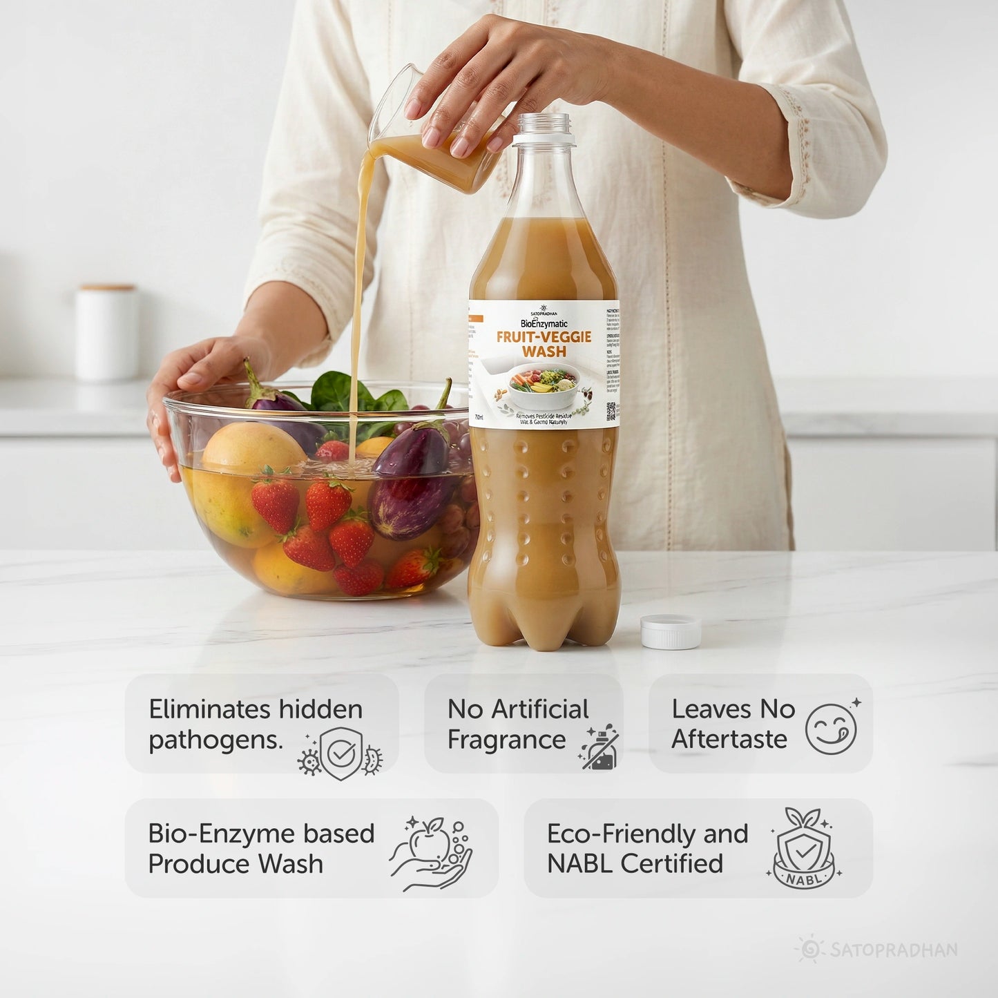 Natural Fruit & Vegetable Wash 750ml - Bioenzyme Based Produce Cleaner - Chemical-Free Vegetable Wash Liquid Cleaner