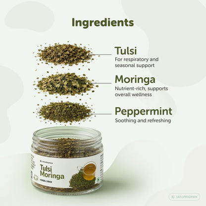 Tulsi Moringa Herbal Infusion 25g – Caffeine-Free Loose Leaf Dried Herbal Blend with Peppermint for Immunity & Seasonal Cold, Cough Support