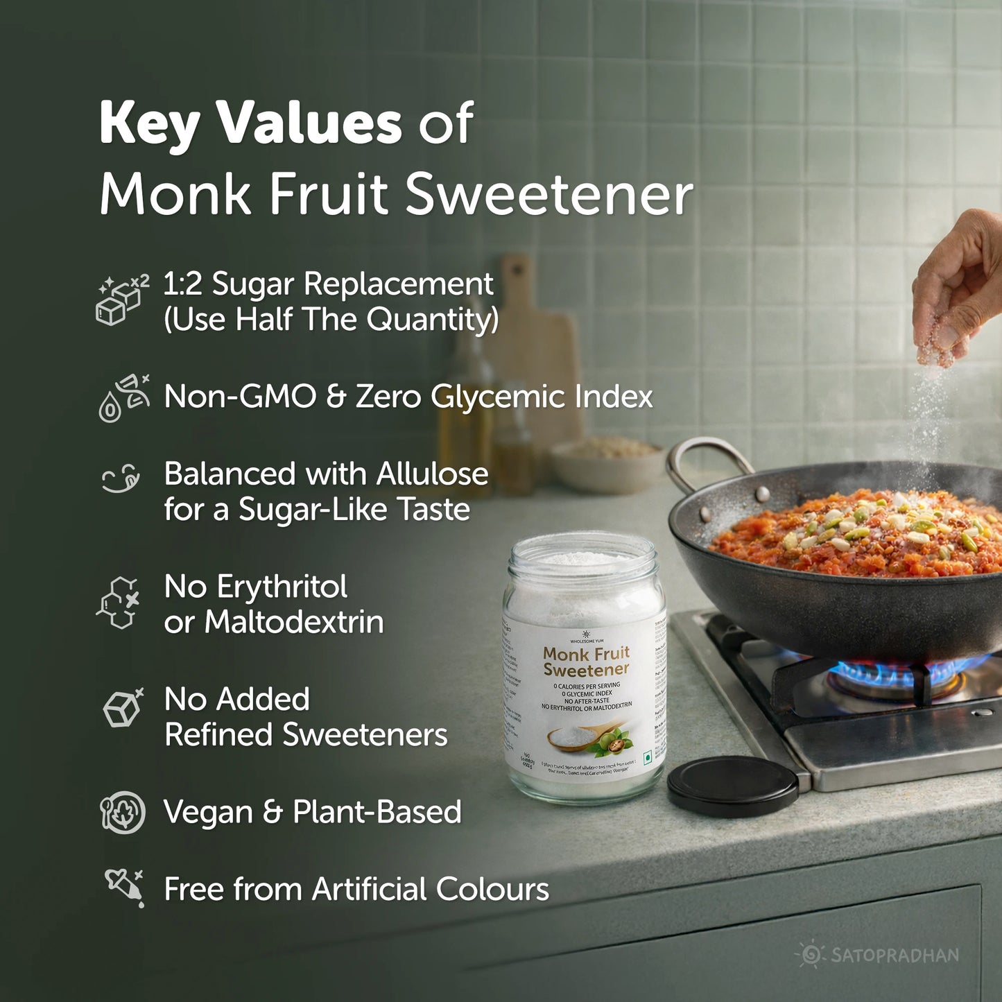 Monk Fruit Sweetener Powder with Allulose 450g - Plant-Based Sugar Substitute - Keto & Diabetic-Friendly - 1:2 Sugar Replacer