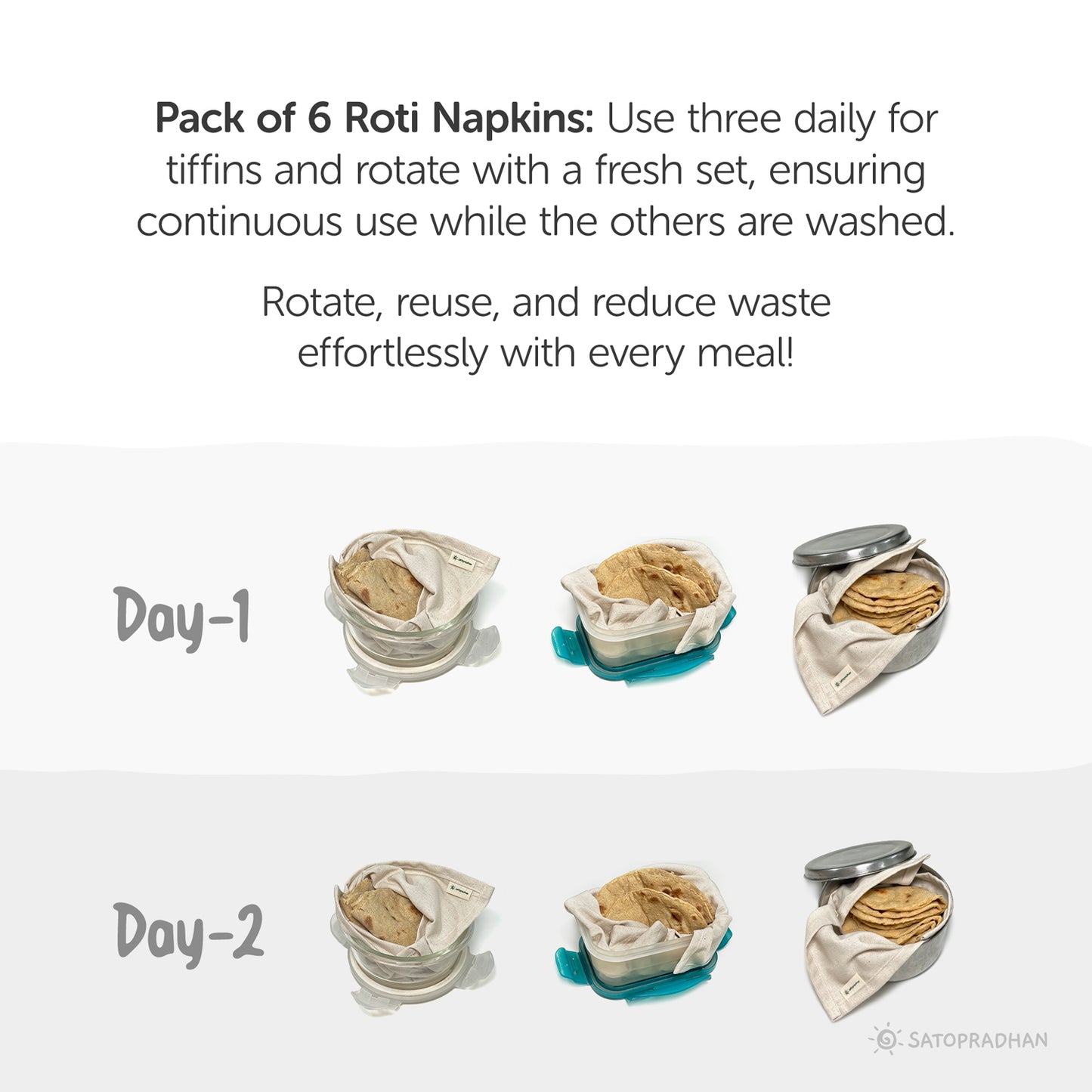 Chapati/Roti Wrap Cloth - Set of 6 Organic Cotton Roti Cover Rumals for Tiffin 12.5”x13” - Reusable Food Wrap - GOTS Certified Organic Cotton - Chapati Wrapping Cloth - Chapati Warmer Cloth - Cloth for Keeping Rotis
