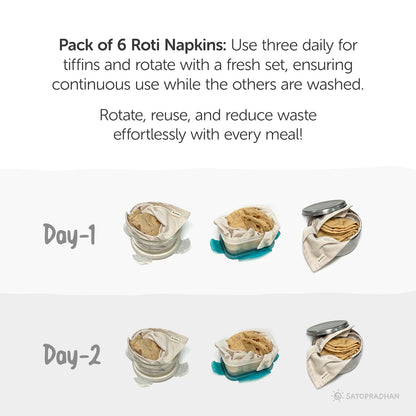 Chapati/Roti Wrap Cloth - Set of 6 Organic Cotton Roti Cover Rumals for Tiffin 12.5”x13” - Reusable Food Wrap - GOTS Certified Organic Cotton - Chapati Wrapping Cloth - Chapati Warmer Cloth - Cloth for Keeping Rotis