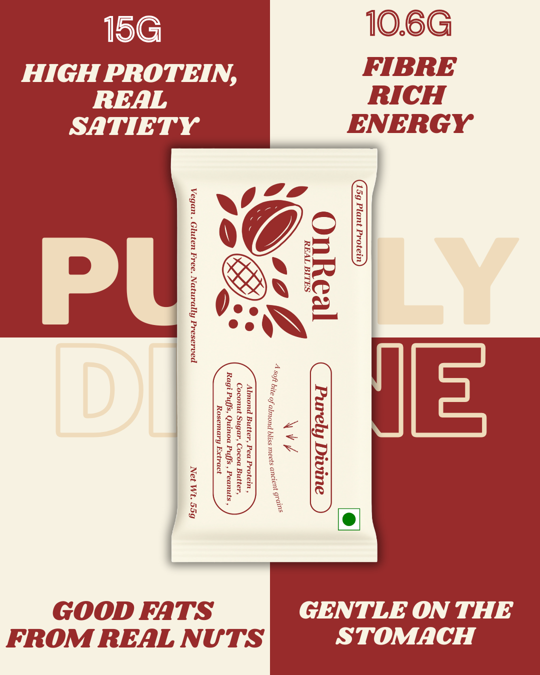 OnReal Purely Divine Plant-Based Protein Bars (Pack of 6 x 55g Each) | 15g Protein, No Refined Sugar, High Fiber | Almond Butter, Ragi & Quinoa Puffs | Vegan, Gluten-Free | Clean Label Snack
