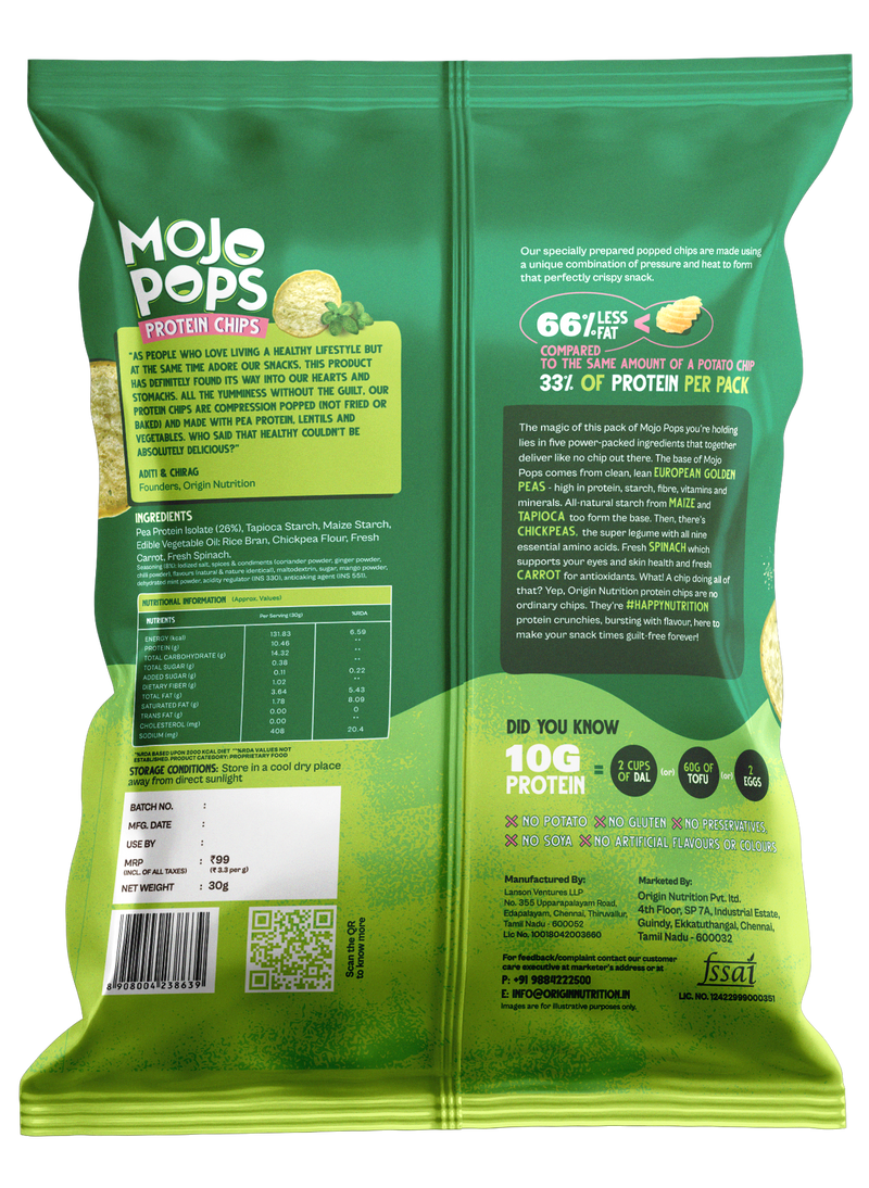 Origin Nutrition Mojo Pops Protein Chips Pudina Chutney Flavour 30g (Pack of 6) (Compression Popped, with 10g protein/pack)