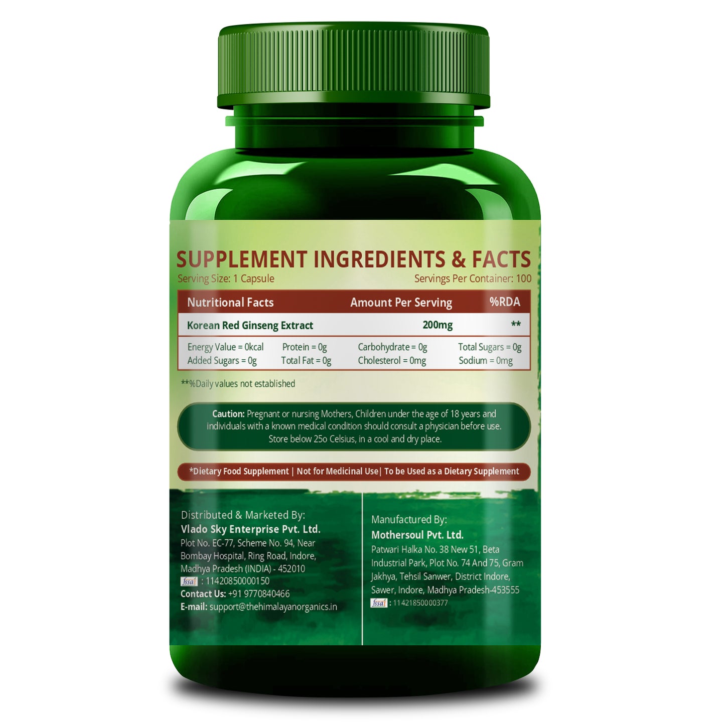 Vlado's Himalayan Organics Korean Red Ginseng 200mg/Serve 100 Veg Capsules