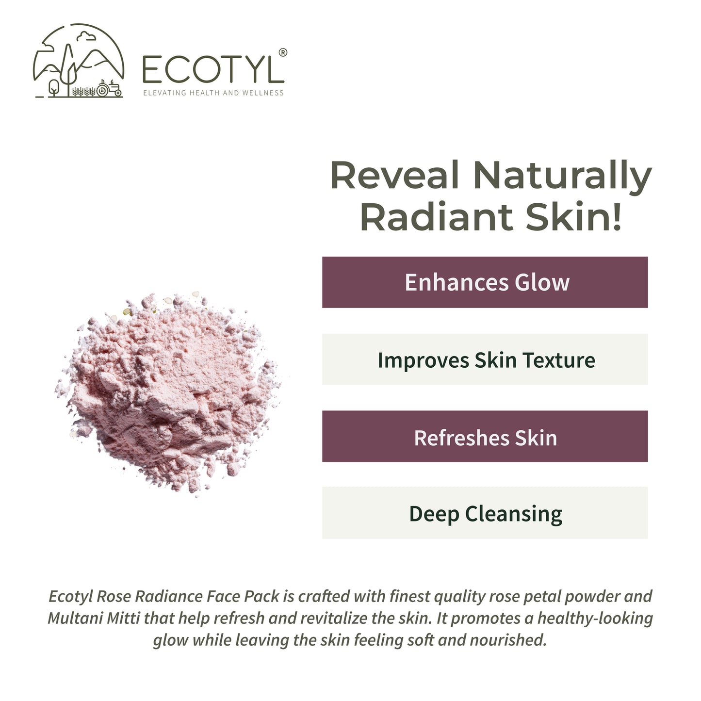 Ecotyl Rose Radiance Face Pack | Skin Glow & Brightening | 75g
