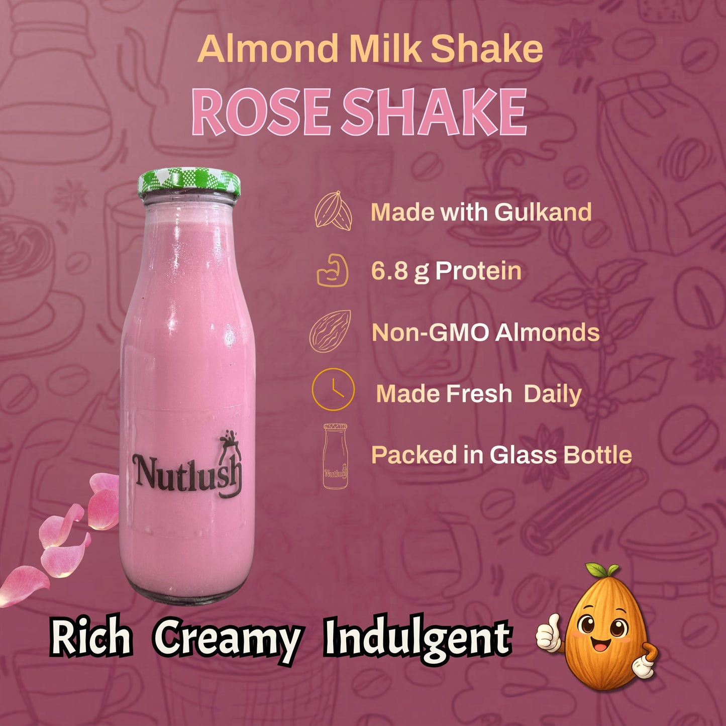 Nutlush Rose Milkshake Sugar Free | Regular (Made with Fresh Almond Milk), Pack of 2 × 300ml