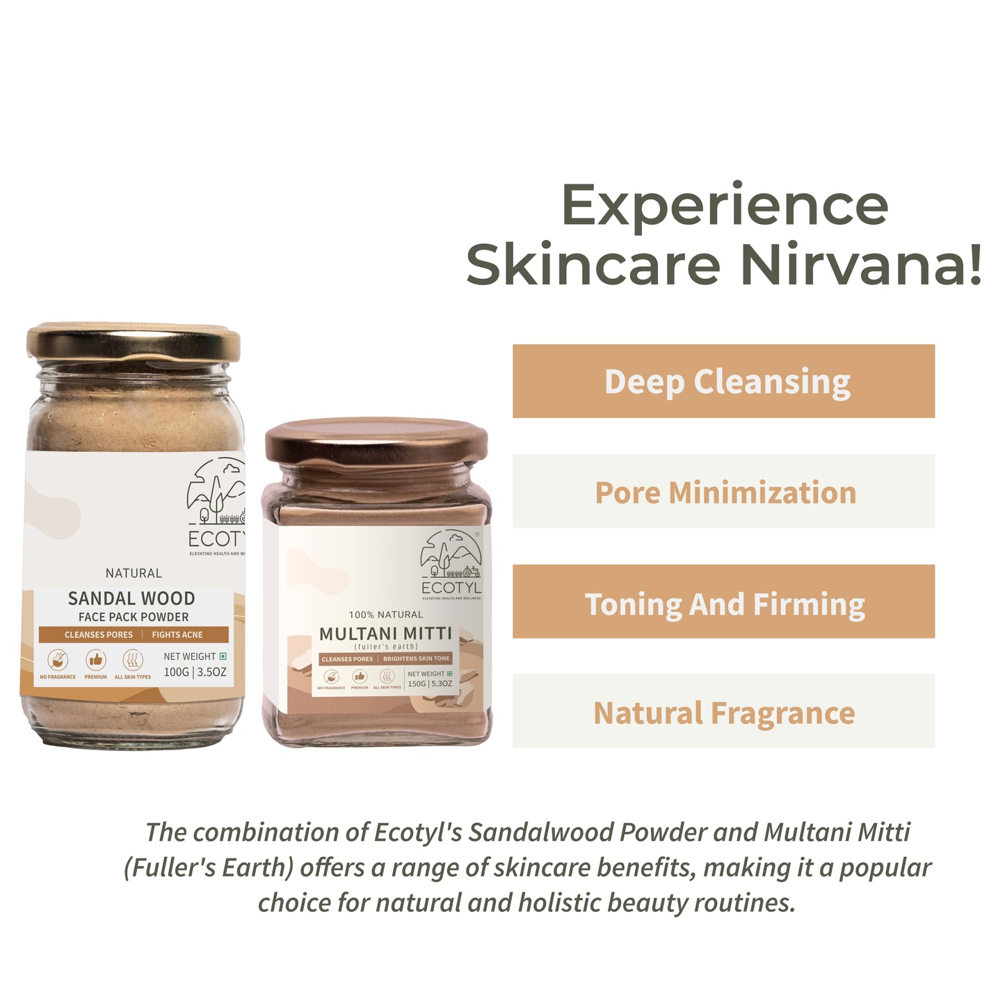 Ecotyl Face Pack Combo - Sandalwood Powder and Multani Mitti | Duo for Skin Brightening and Glow | 100g + 150g