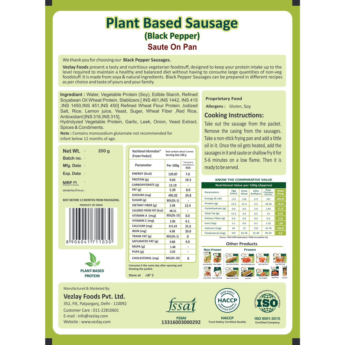 Vezlay Plant Based Sausages- Black Pepper, 200gm