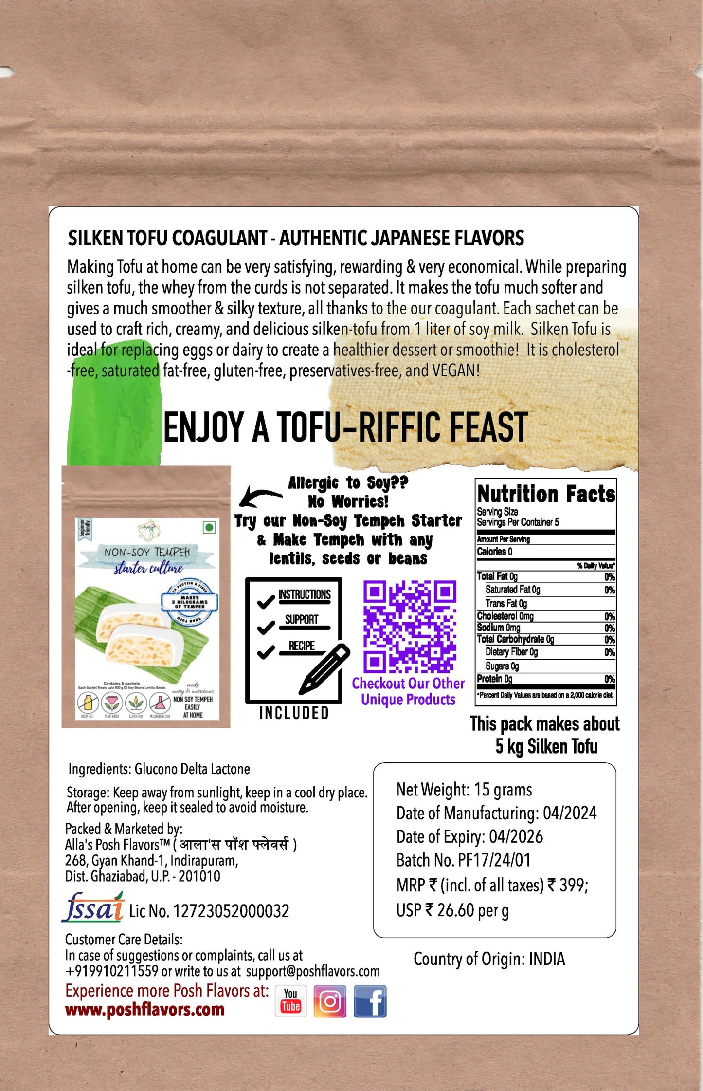 Alla's Posh Flavors Silken Tofu Coagulant | Make 5kg Silken-Tofu at Home | Easy-to-Use Instructions Included