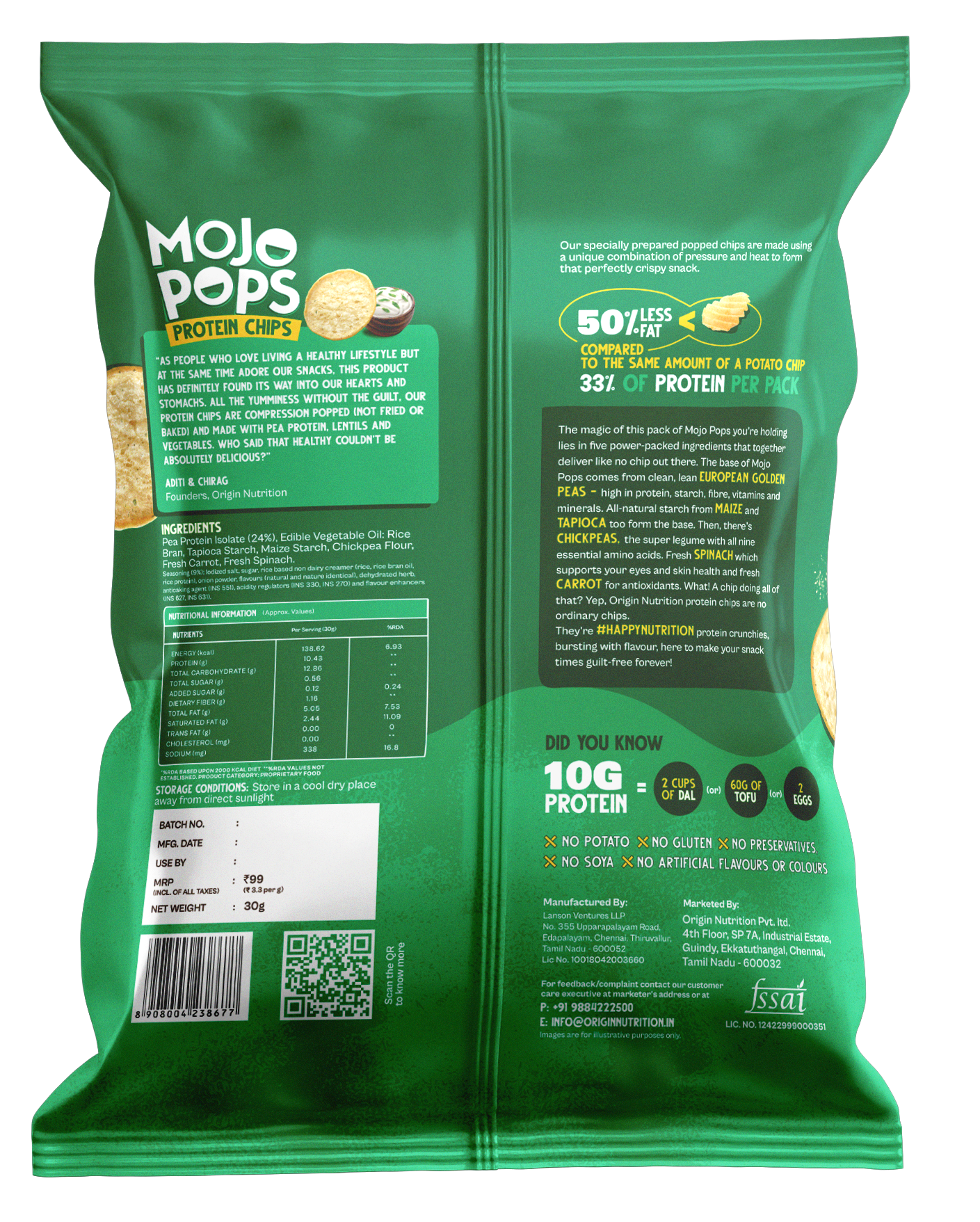 Origin Nutrition Mojo Pops Protein Chips Sour Cream & Onion Flavour 30g(Pack of 6) (With 10g Protein/)Pack, Compression - popped))