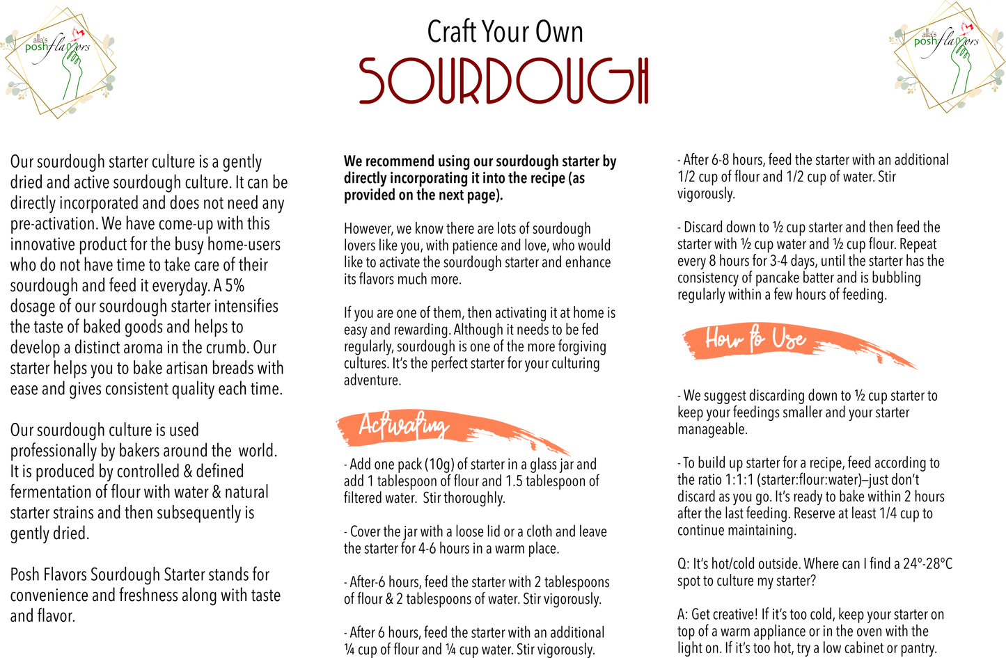 Alla’s Posh Flavors Sourdough Starter | Active Instant Culture for Homemade Artisan Bread, Baguette, Ciabatta, Focaccia, Pizza Crust & More | Direct Use with Step-by-Step Recipes | Support Included | Commercial Yeast Replacement (5 x 10 g Sachets)