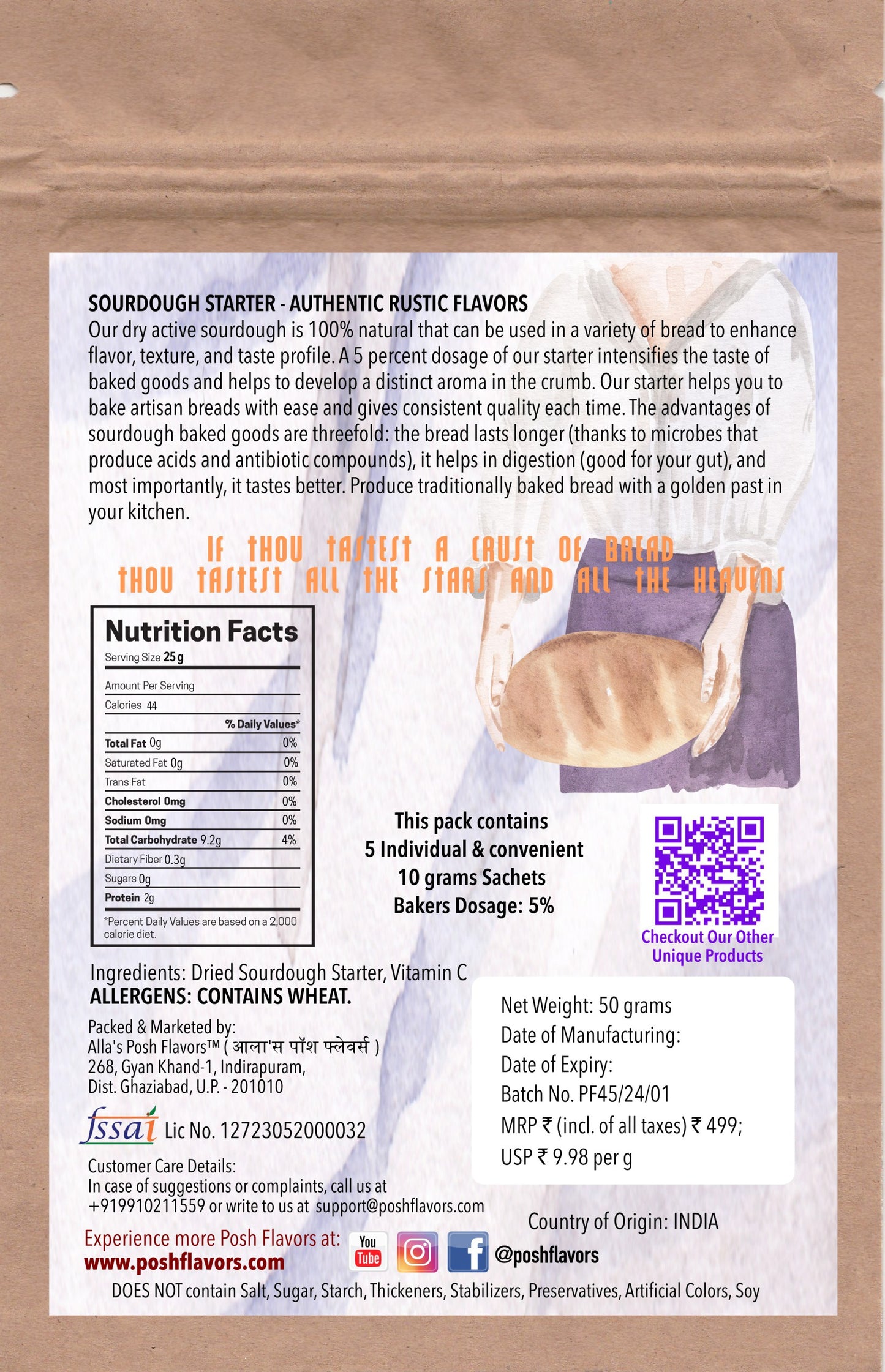 Alla’s Posh Flavors Sourdough Starter | Active Instant Culture for Homemade Artisan Bread, Baguette, Ciabatta, Focaccia, Pizza Crust & More | Direct Use with Step-by-Step Recipes | Support Included | Commercial Yeast Replacement (5 x 10 g Sachets)