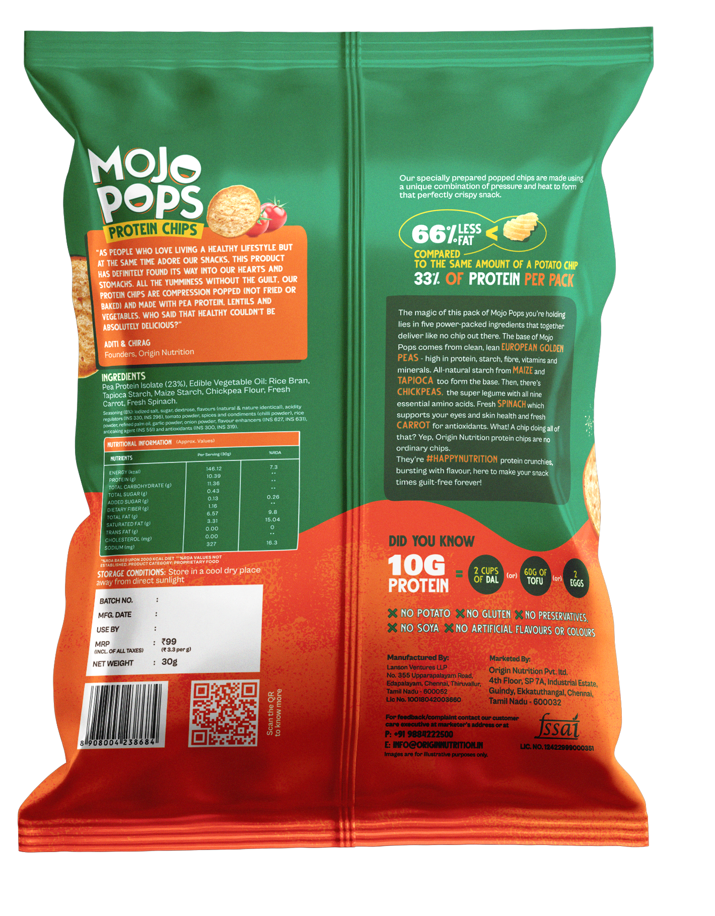 Origin Nutrition Mojo Pops Protein Chips Tangy Tomato Flavour 30g (Pack of 6) (Compression Popped, with 10g protein/pack)