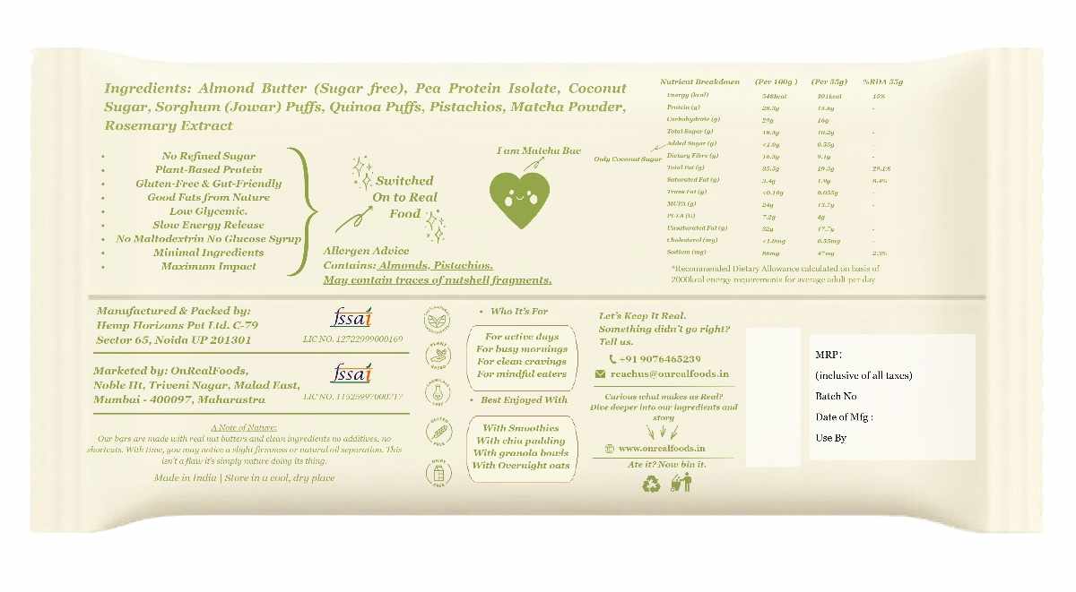 OnReal Matcha Bae Plant-Based Protein Bars (Pack of 3 x 55g Each) | 15g Protein, No Refined Sugar, High Fiber | Almond Butter, Pistachios & Matcha | Vegan, Gluten-Free | Clean Label Snack