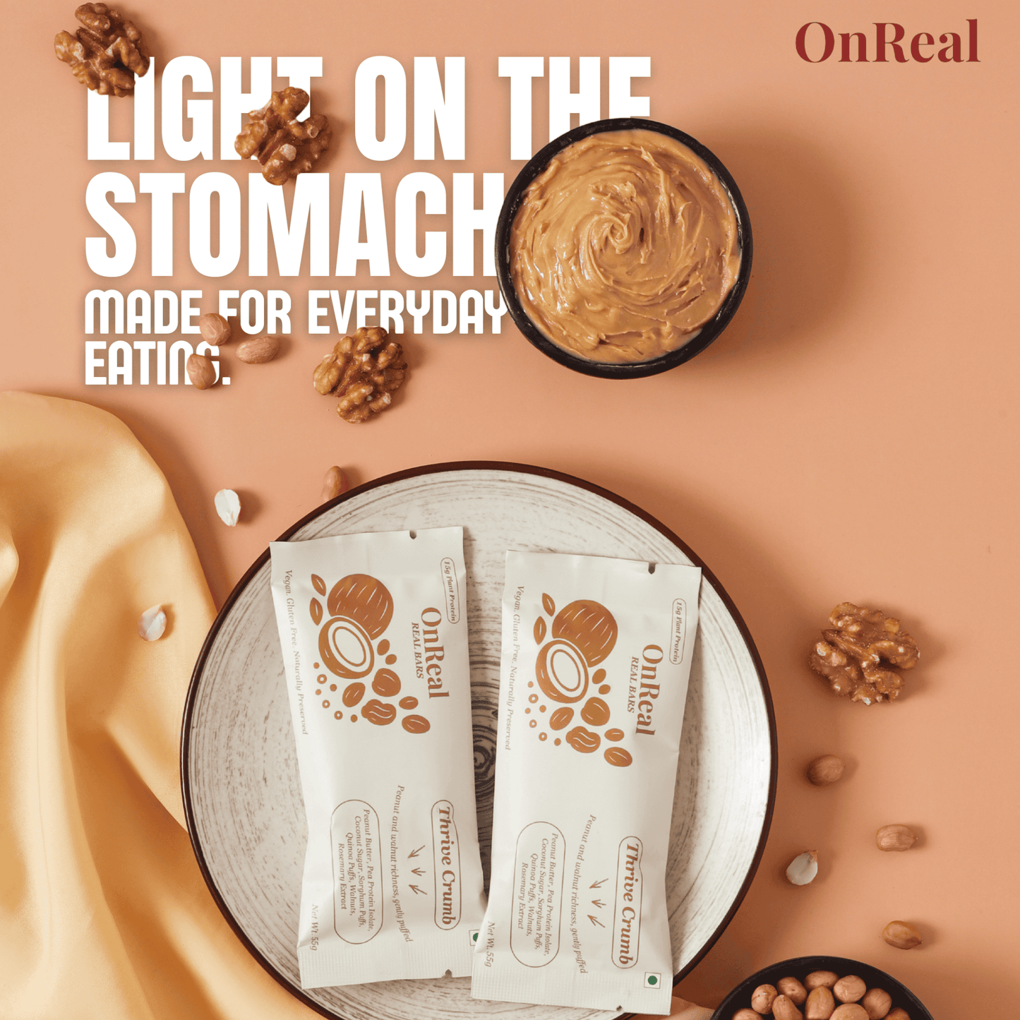 OnReal Thrive Crumb Plant-Based Protein Bars (Pack of 3 x 55g Each) | 15g Protein, No Refined Sugar, High Fiber | Peanut Butter & Walnut Bar | Made with Jowar & Quinoa Puffs | Vegan, Gluten-Free | Clean Label Snack