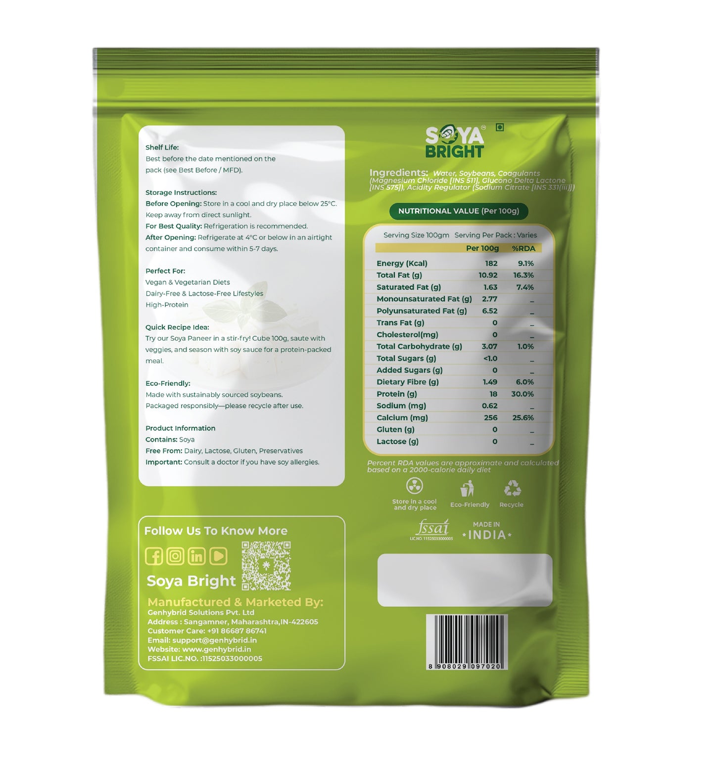 Soya Bright Soya Paneer (Tofu) 200g (Pack of 4) | Dairy Free | Gluten Free