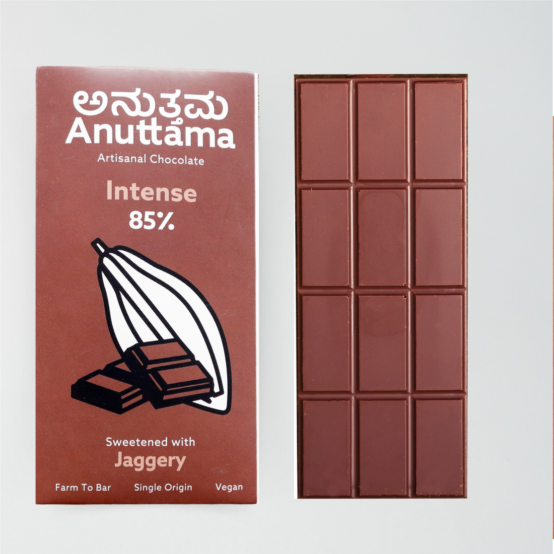 ANUTTAMA Dark Chocolate | Combo of 50% Cocoa Bella Tharai & 85% Cocoa Intense Dark |  Natural Jaggery | 50gm Pack of 2