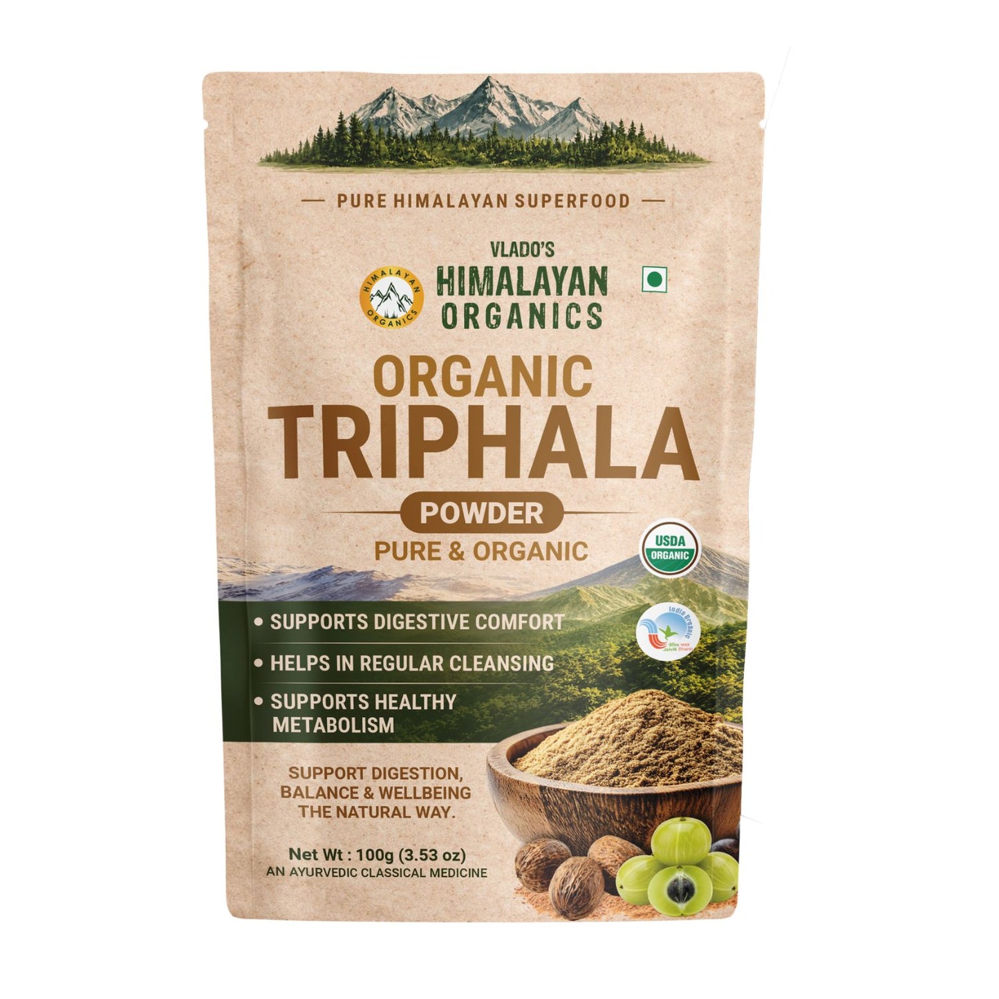 Vlado’s Himalayan Organics Triphala Powder | Ayurvedic Blend of 3 Fruits | 100g