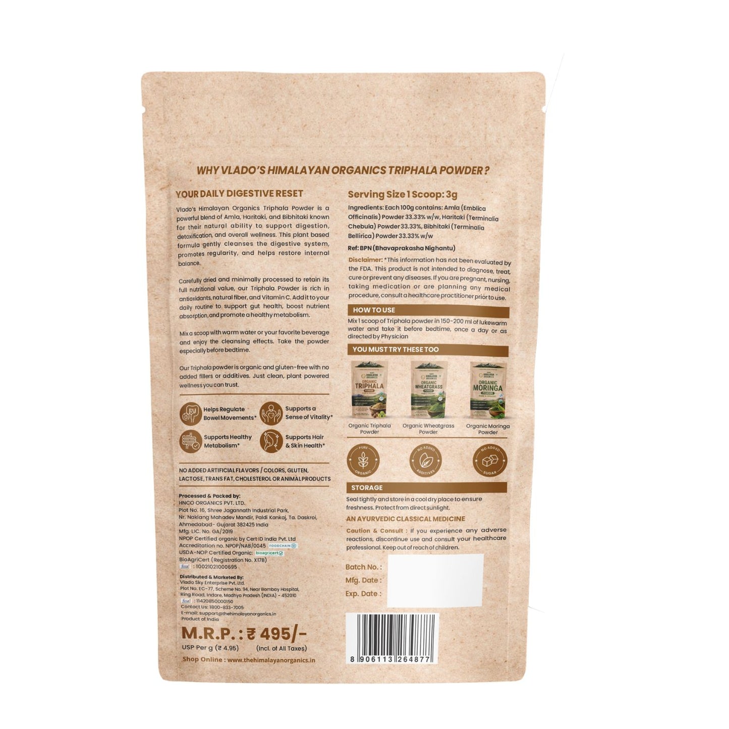 Vlado’s Himalayan Organics Triphala Powder | Ayurvedic Blend of 3 Fruits | 100g