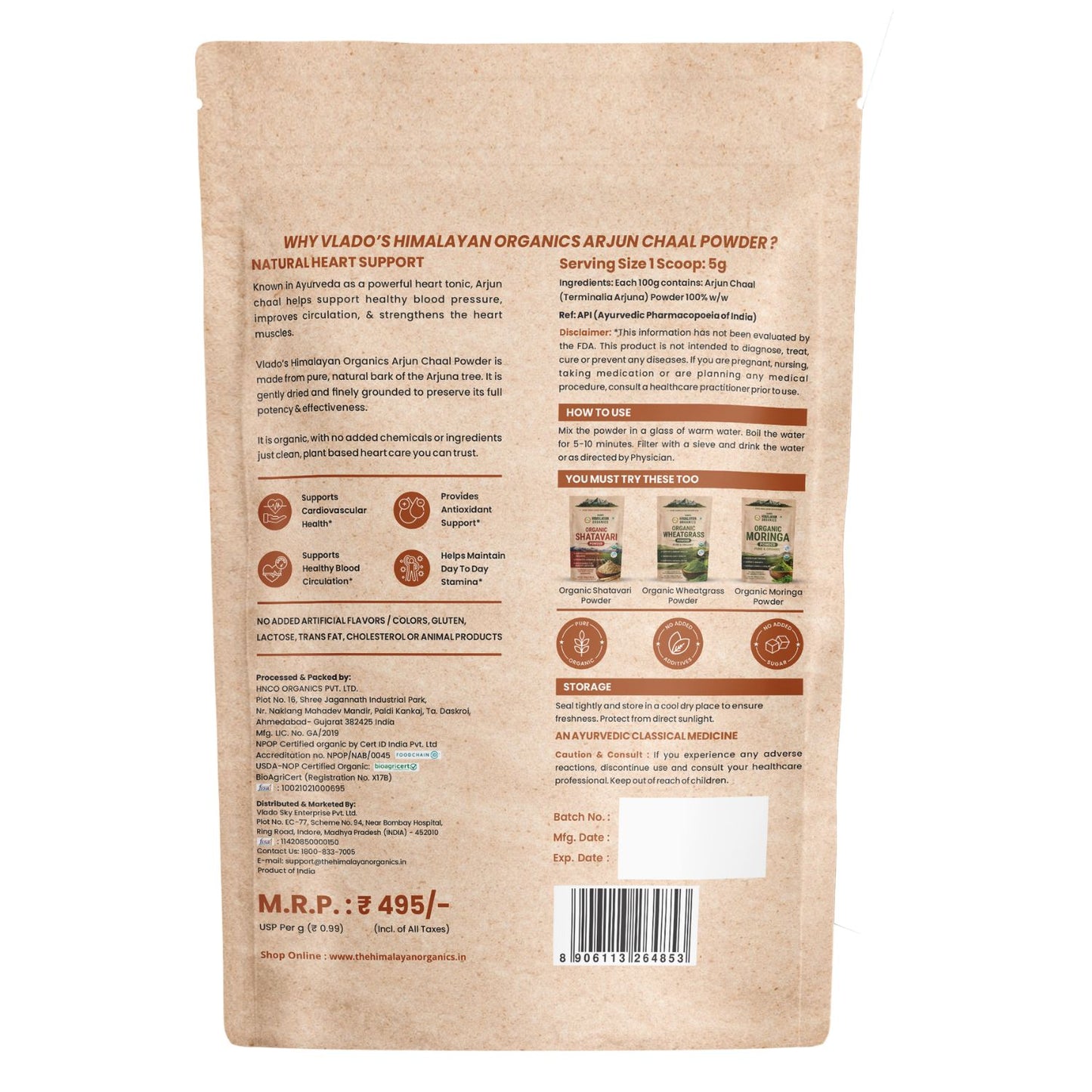 Vlado’s Himalayan Organics Arjun Chaal Powder | Natural & Organic | 500g