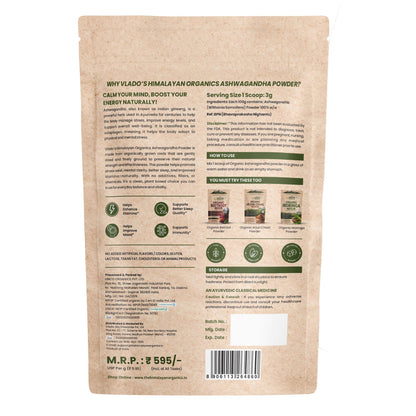 Vlado’s Himalayan Organics Ashwagandha Powder | 100gm - Withania Somnifera