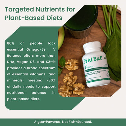 Albae V-Balance | 250mg Algal DHA Omega-3 + 11 Essential Vitamins & Minerals | Multivitamin | Targeted Nutrition for Plant-Based Diets | Vitamin D3, K2, Calcium, B12 & Iron | 60 Lemon-Scented Plant Based Softgels