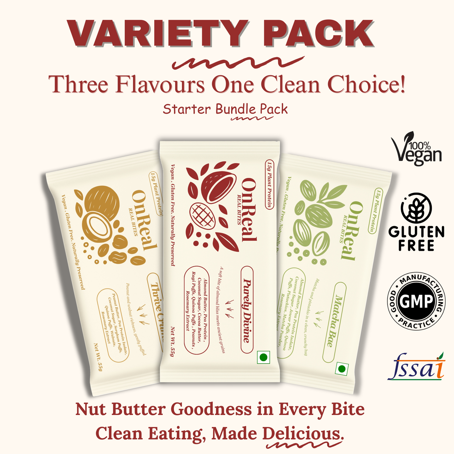 PACK OF 3  OnReal Variety Pack Protein Bars (3 x 55g Each) | 15g Plant Protein, No Refined Sugar, High Fiber | Purely Divine, Matcha Bae & Thrive Crumb | Vegan, Gluten-Free | Clean Label Snack