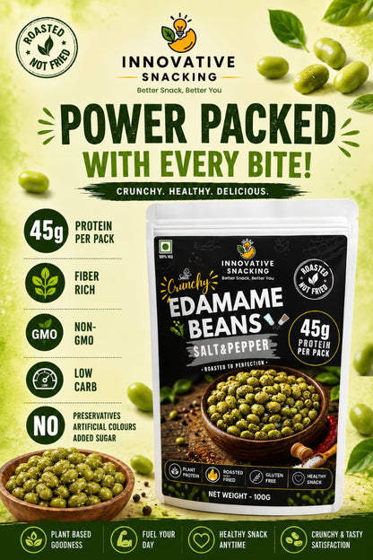Innovative Snacking Roasted Edamame Beans Salt & Pepper Flavour | High Protein Plant-Based Snack | Roasted Not Fried | 100g