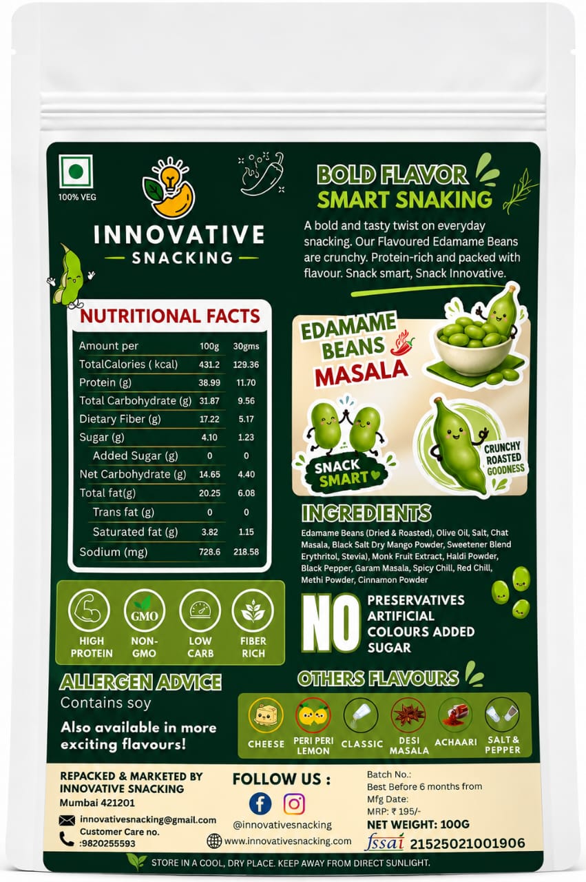 Innovative Snacking Roasted Edamame Beans Masala Flavour | High Protein Plant-Based Snack | Roasted Not Fried | 100g
