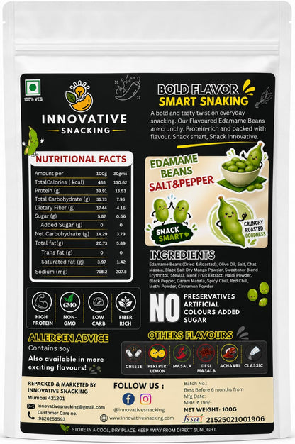 Innovative Snacking Roasted Edamame Beans Salt & Pepper Flavour | High Protein Plant-Based Snack | Roasted Not Fried | 100g