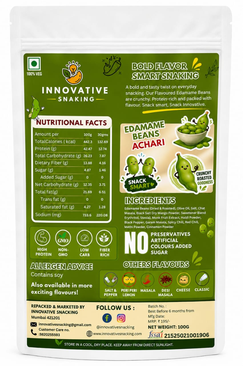 Innovative Snacking Roasted Edamame Beans Aachari Flavour | High Protein Plant-Based Snack | Roasted Not Fried | 100g