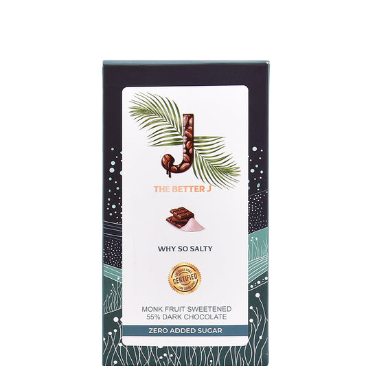 Why So Salty vegan dark chocolate by The Better J, featuring sea salt sprinkles and natural monk fruit sweetener