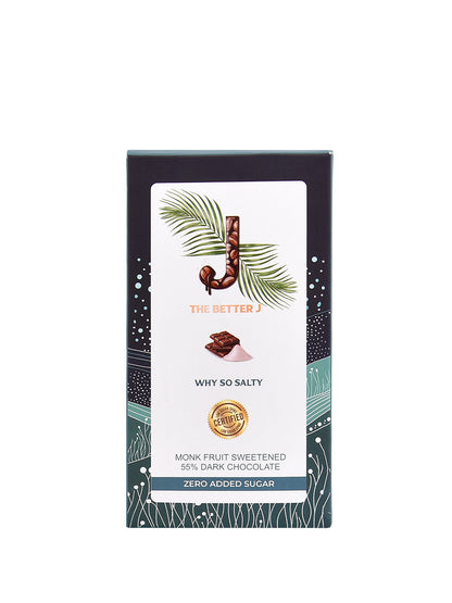 Why So Salty vegan dark chocolate by The Better J, featuring sea salt sprinkles and natural monk fruit sweetener