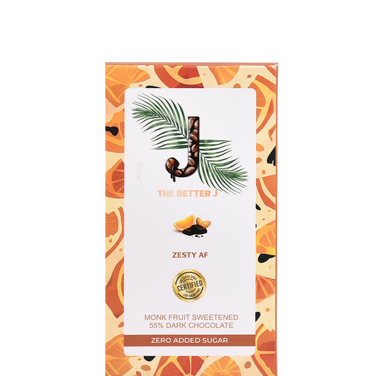 Zesty AF vegan dark chocolate with orange zest and roasted almonds, zero added sugar indulgence by The Better J